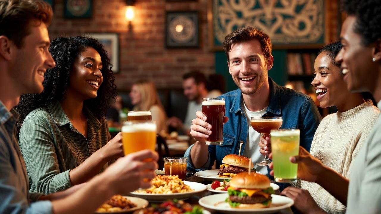 Mixed group enjoying vegan and non-vegan food together at Emerald Loop Bar & Grill Chicago