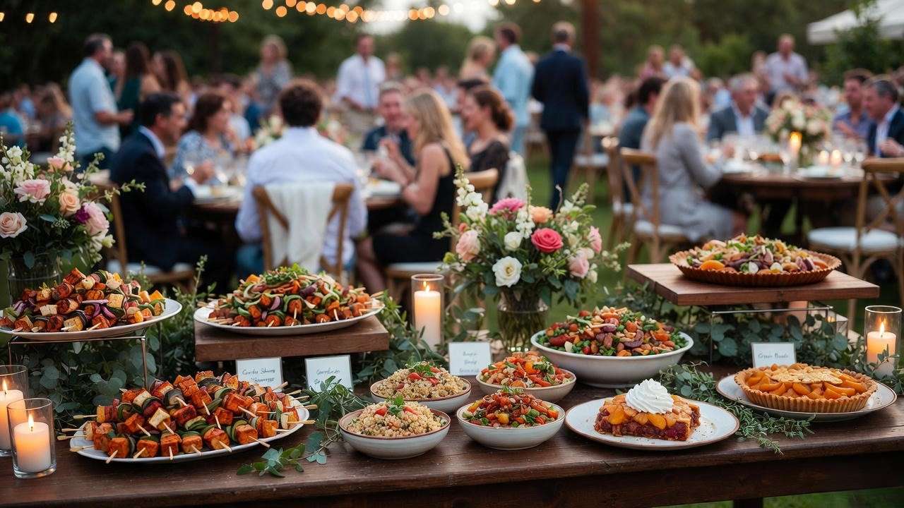 Plant-based Mission BBQ catering at a wedding rehearsal dinner with skewers, bowls, and vegan peach cobbler