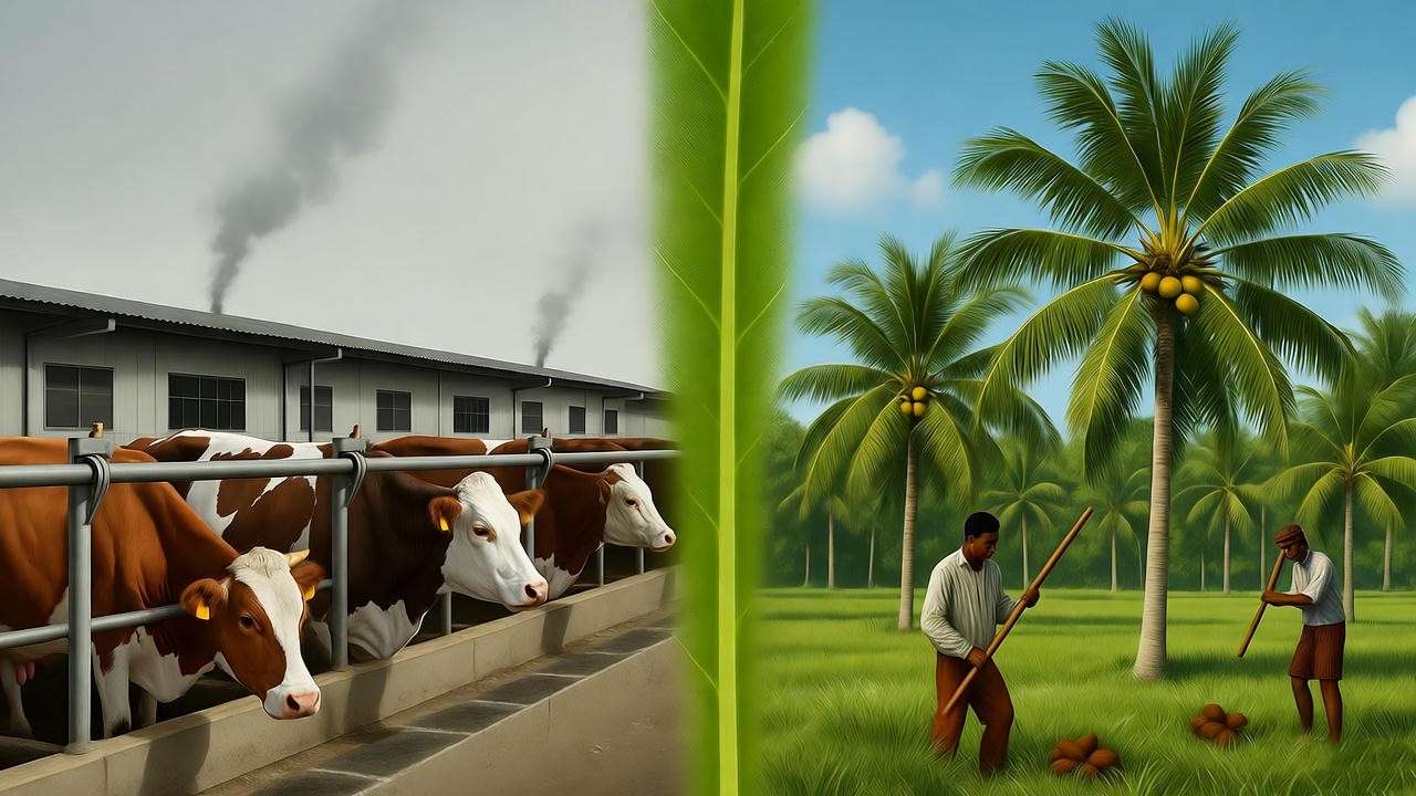 Split comparison of dairy production emissions vs sustainable plant-based coconut farming for vegan candy.