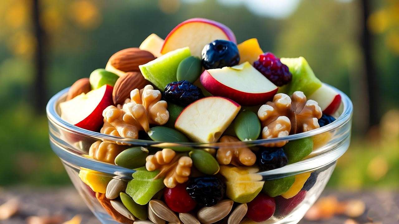 Trail mix with freeze-dried apples, nuts, and seeds in a bowl, ideal for plant-based on-the-go snacking.
