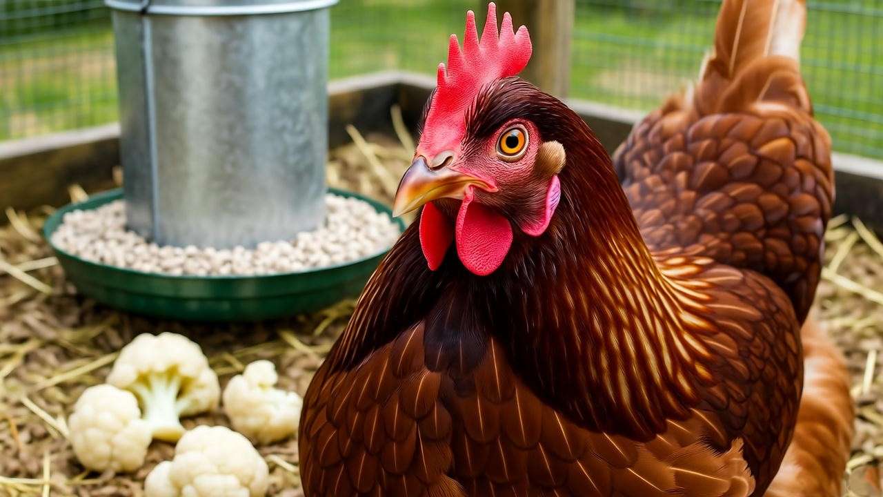 Safe serving of chopped steamed cauliflower to backyard laying hen with grit access