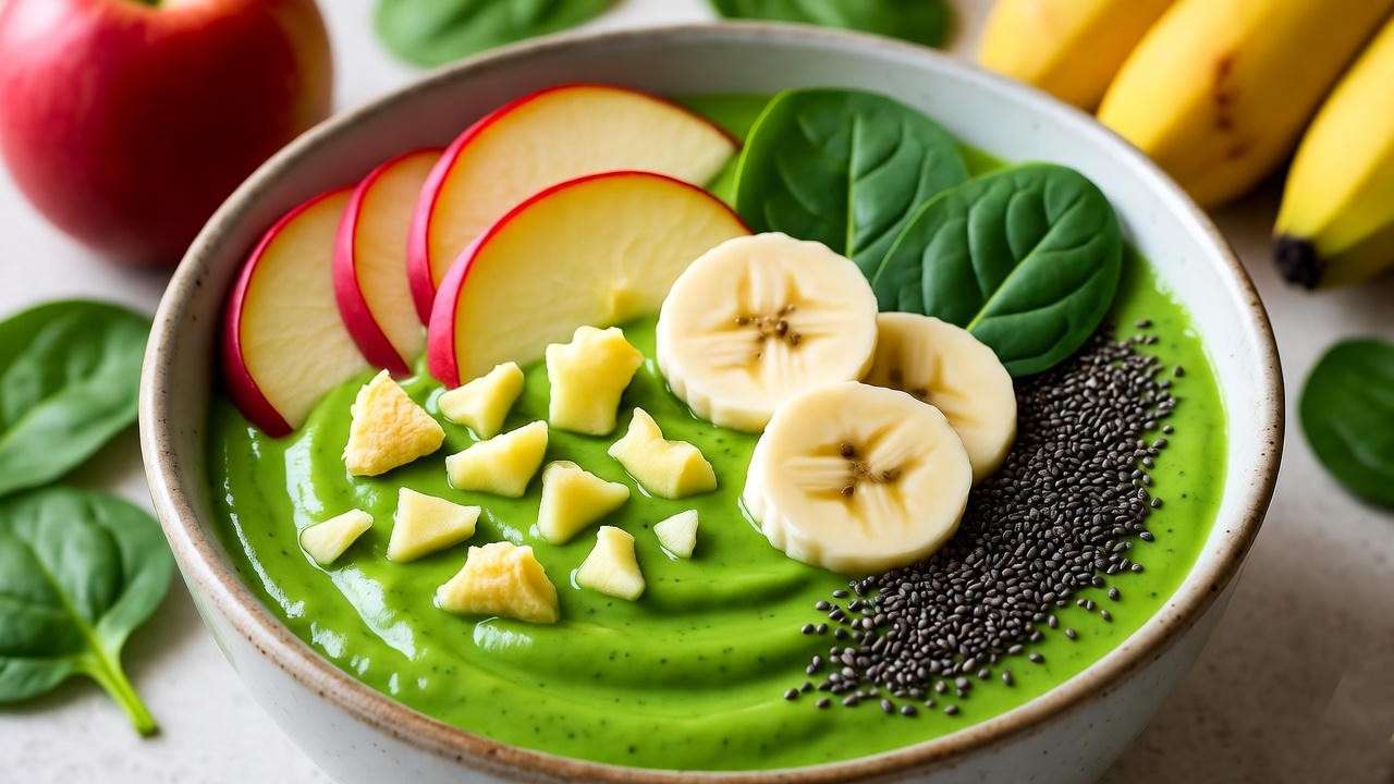 Plant-based smoothie bowl topped with freeze-dried apples, bananas, and chia seeds for a nutritious breakfast.