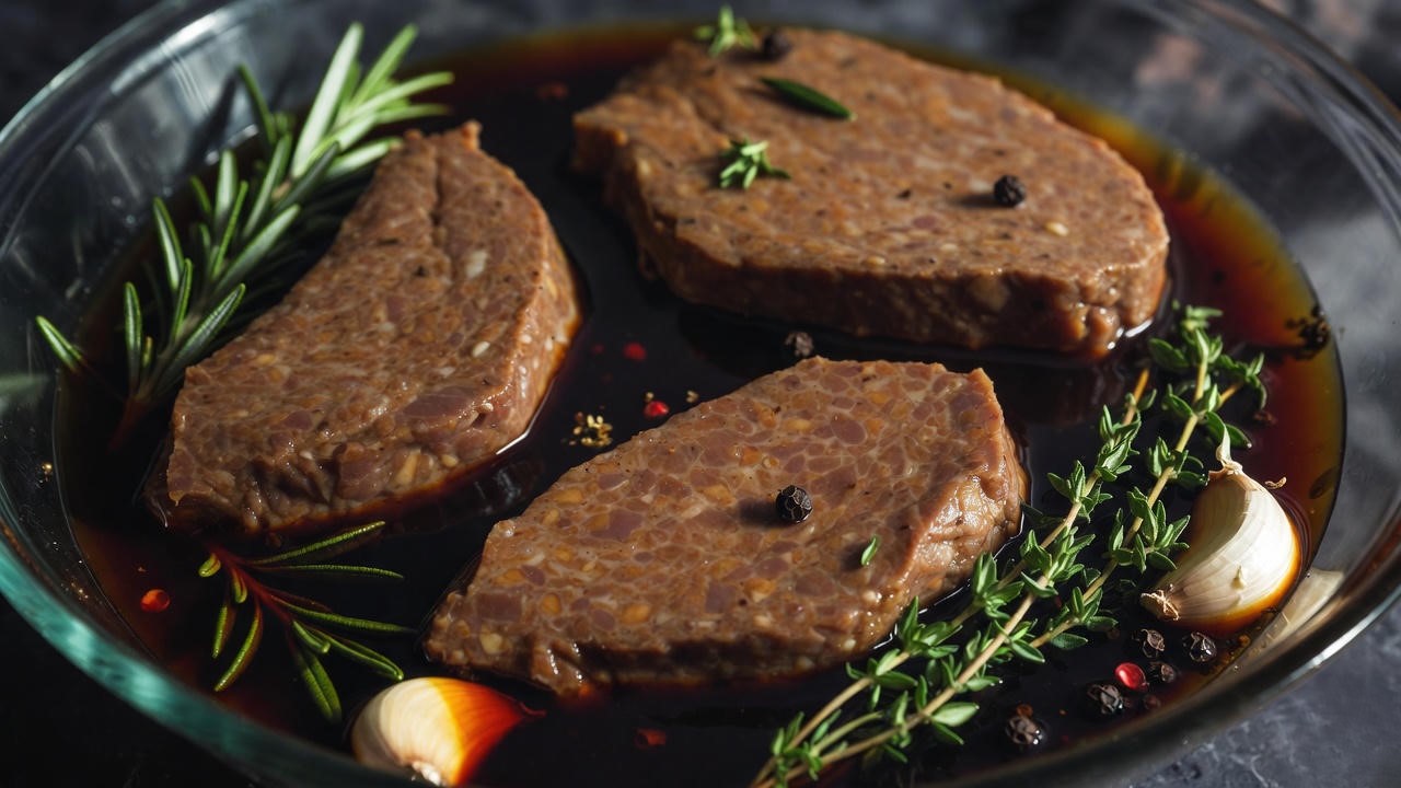 Vegan seitan steaks marinating in herb and spice mixture for deep flavor, plant-based George Martin strip steak recipe