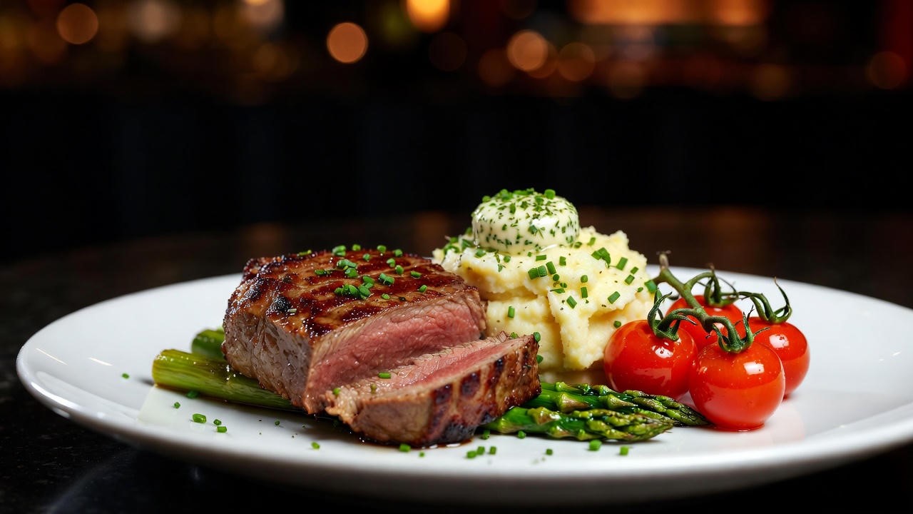 Plated juicy plant-based seitan strip steak with vegan mashed potatoes and asparagus, recreating George Martin steakhouse experience