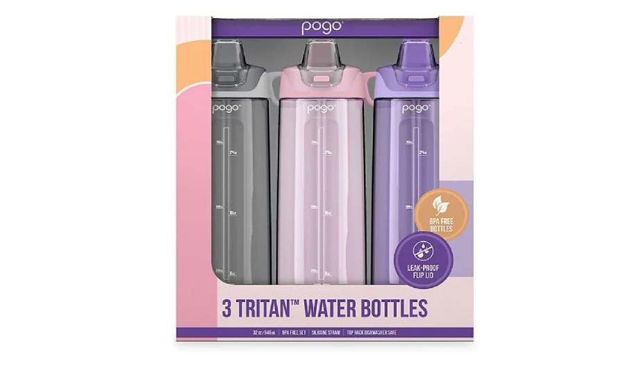  Pogo BPA Free Tritan Water Bottles with Flip Lid and Straw - 32 Ounce, 3 Pack (Lilac, Pink Satin, Gray)