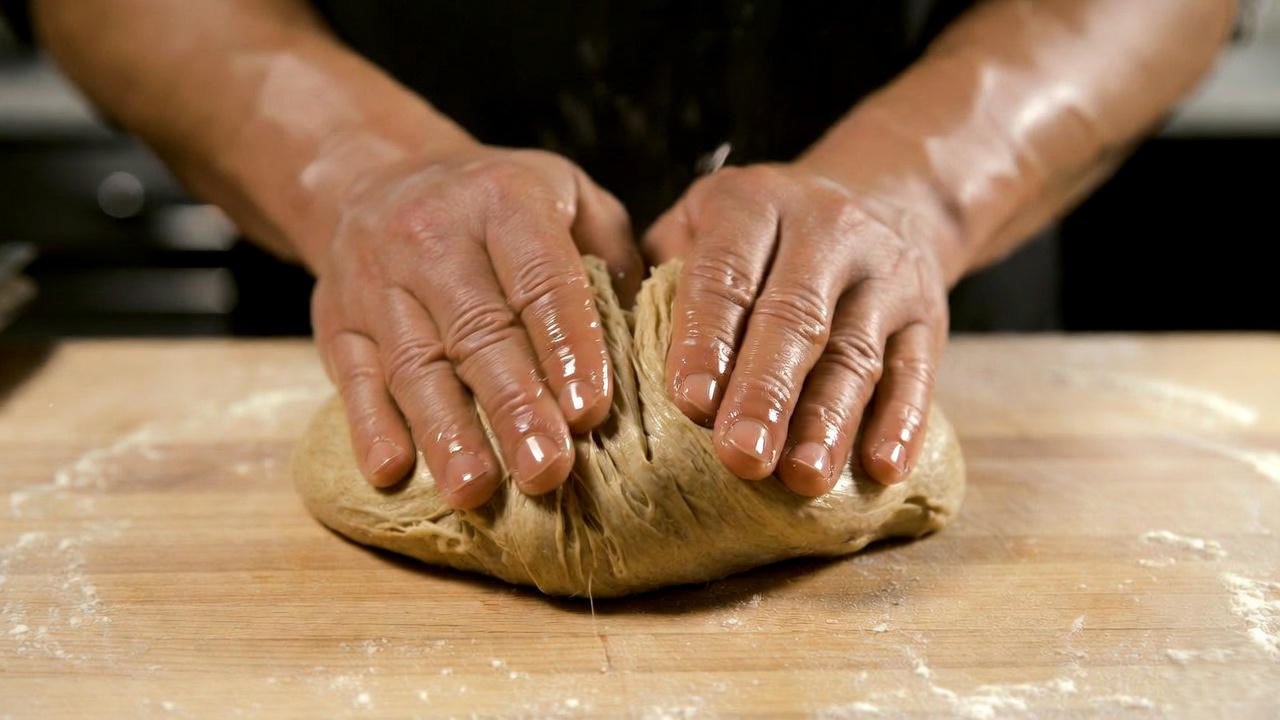 Hands kneading vital wheat gluten dough for homemade vegan seitan strip steak recipe