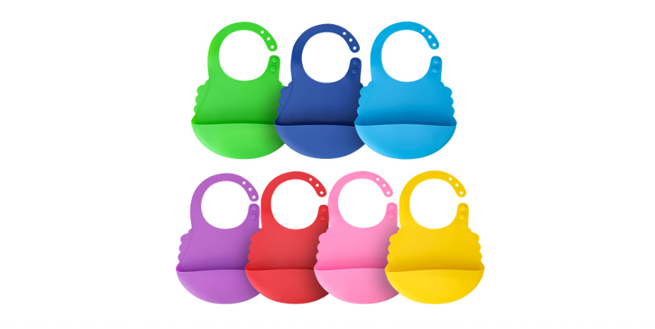 Aricsen 7 Pack Silicone Baby Bibs for Babies & Toddlers (6-72 Months), Plastic Adjustable Fit Waterproof Feeding, Easy Wipe Clean, Soft, Unisex, Pouch...