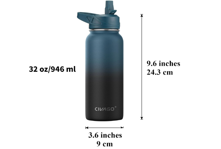 CIVAGO 32 oz Insulated Water Bottle With Straw, Stainless Steel Sports Water Cup Flask with 3 Lids (Straw, Spout and Handle Lid), Wide Mouth Travel Thermal