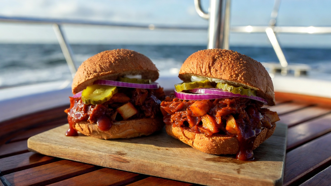 Vegan BBQ jackfruit pulled pork sandwiches on boat deck table with smoky sauce and red onion
