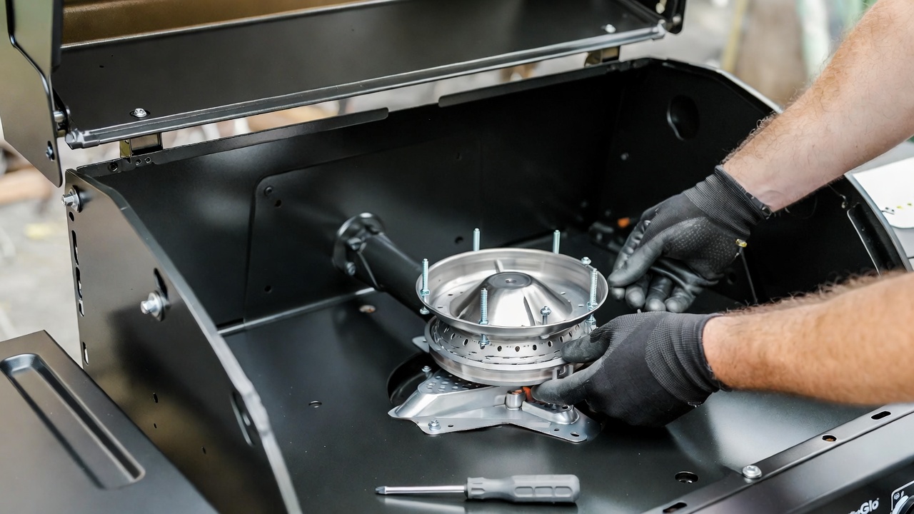 Step-by-step installation of stainless steel burner in Dyna-Glo grill during parts replacement
