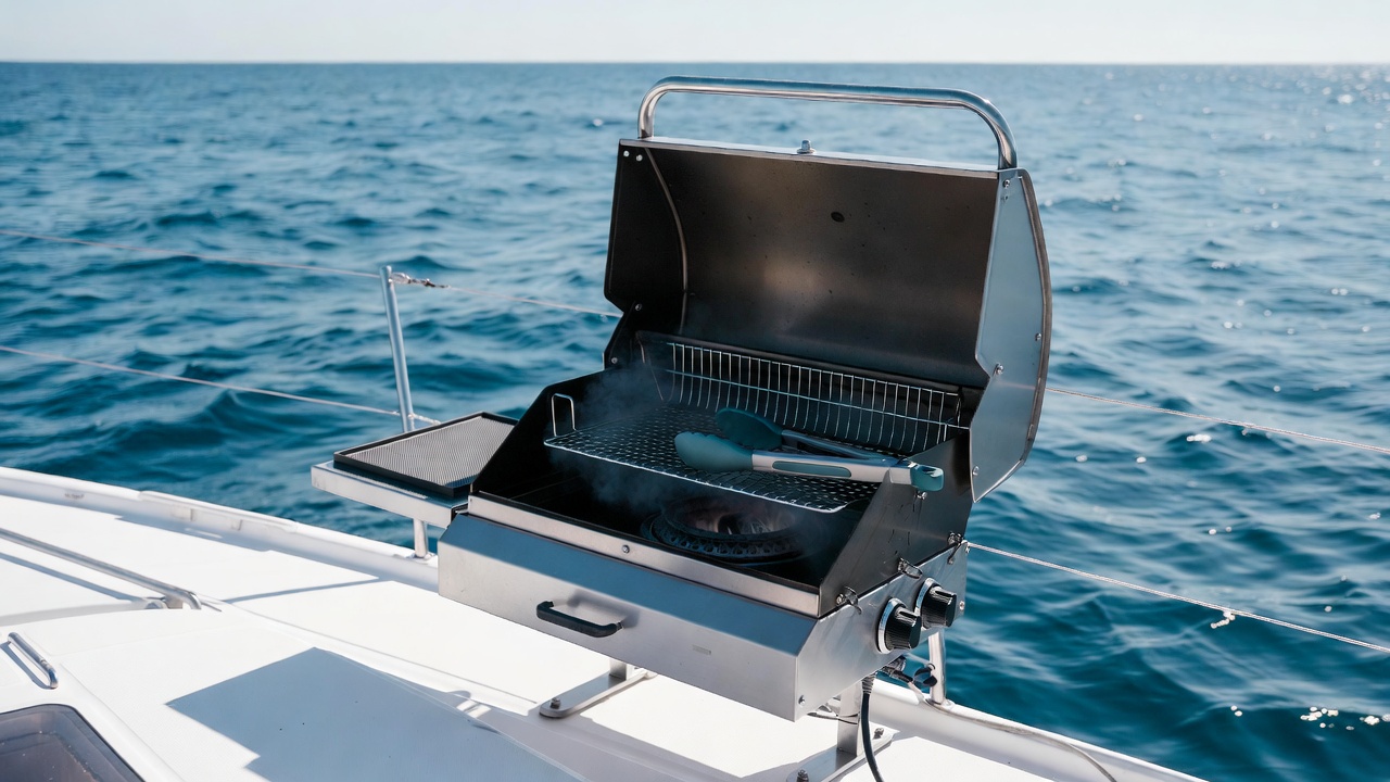 Marine propane grill setup on sailboat cockpit with grill basket and safety accessories for plant-based grilling