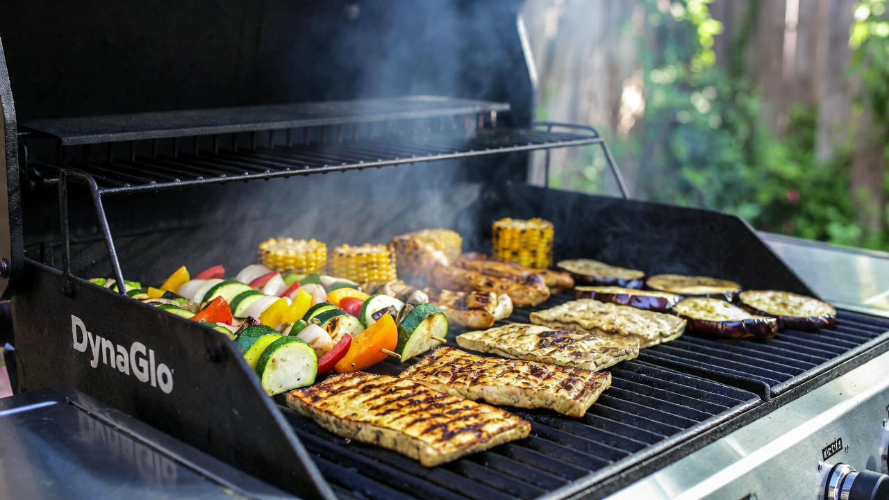 Delicious plant-based BBQ on Dyna-Glo grill: grilled tofu steaks, vegetable kebabs, and corn with perfect char marks