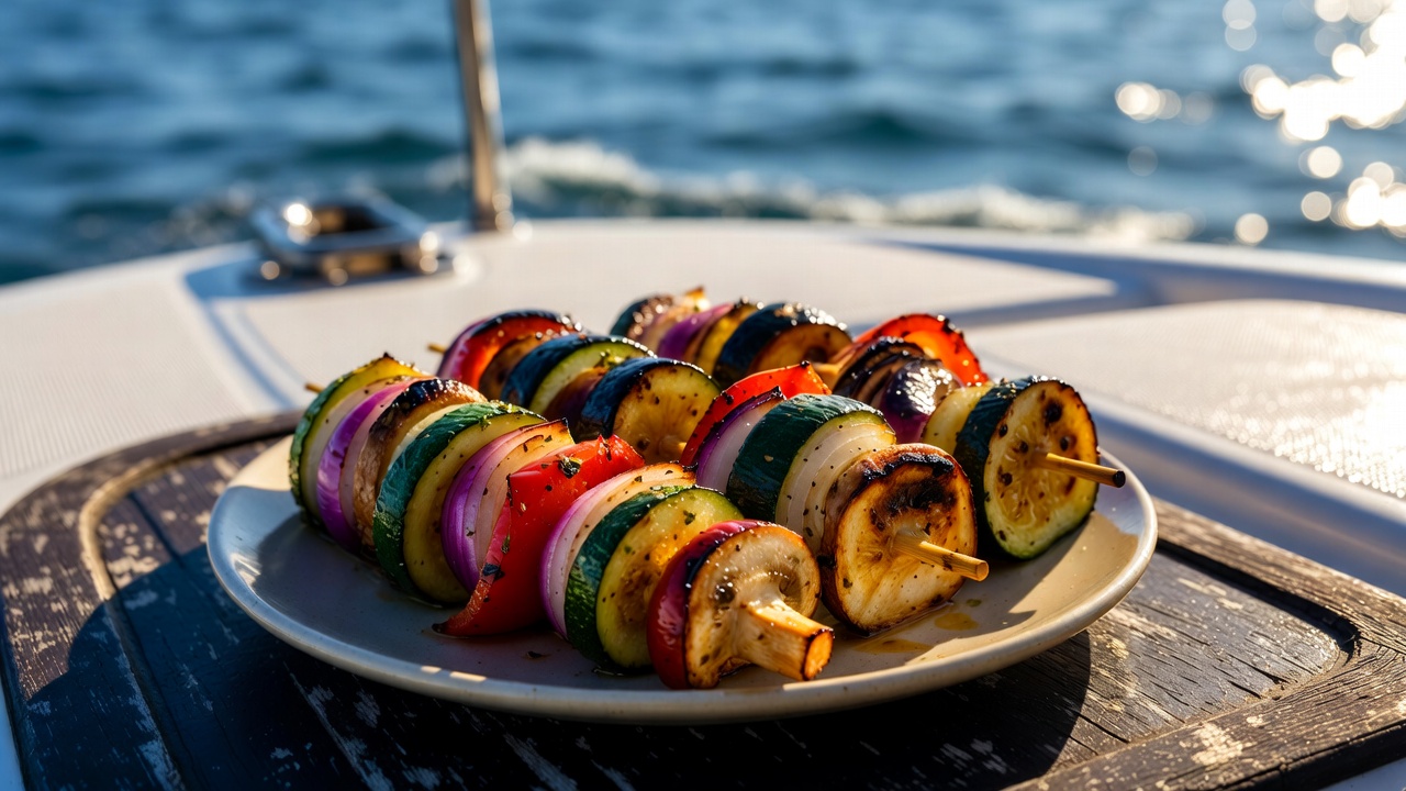 Charred vegan vegetable skewers grilling on boat with zucchini, peppers, onions and mushrooms