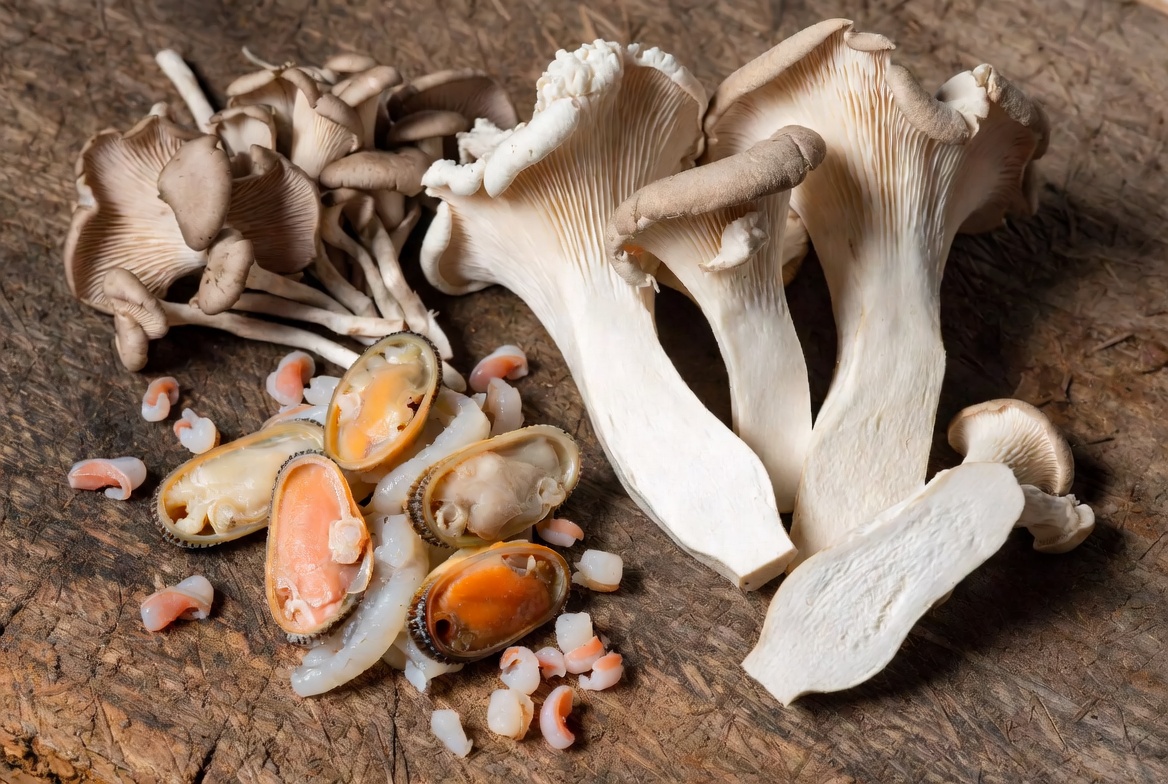 Fresh seafood mushrooms, king oyster, and oyster mushrooms varieties for plant-based seafood alternatives