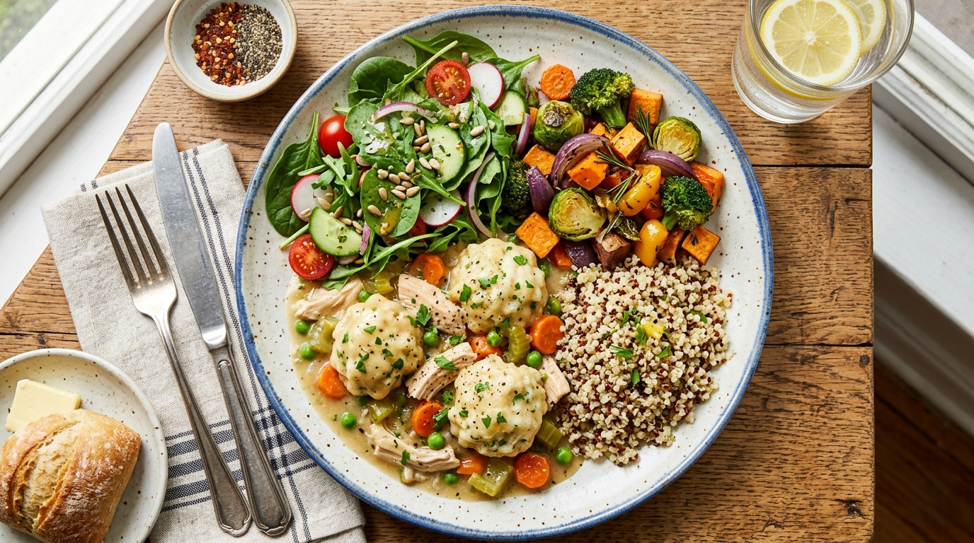Nutritious balanced plate with chicken and dumplings and plenty of fresh plant-based sides