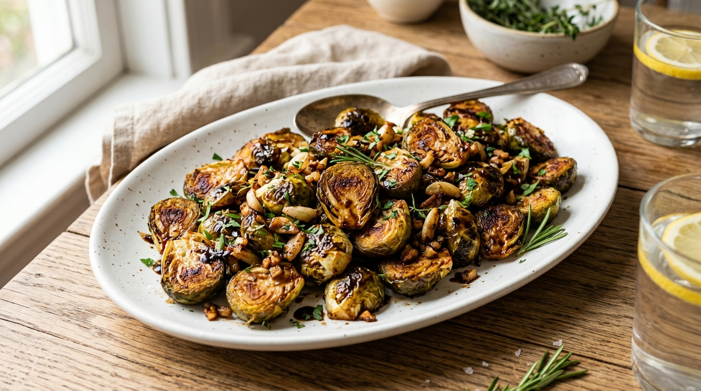 Roasted Brussels sprouts with balsamic as a warm plant-based side for chicken and dumplings