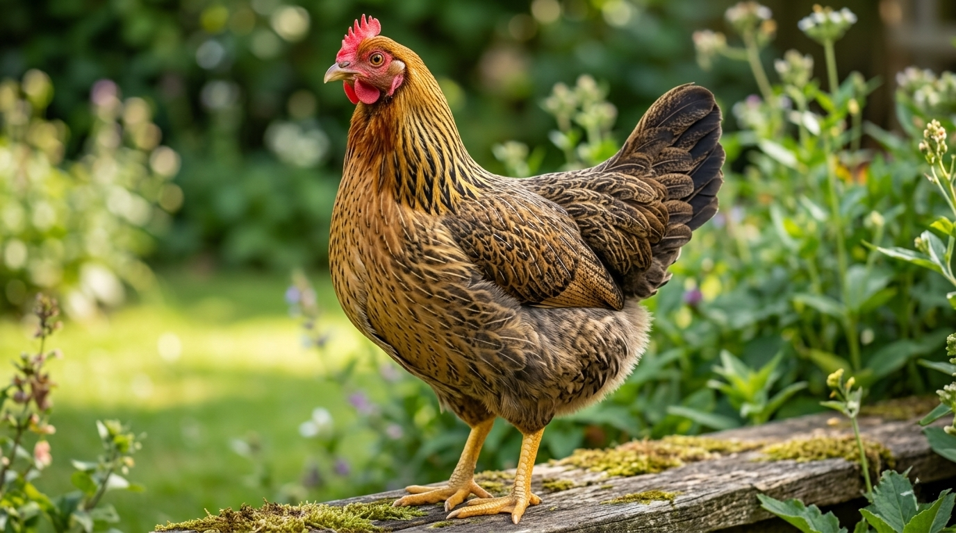 Welbar chicken hen showing distinctive crele barred plumage and physical features