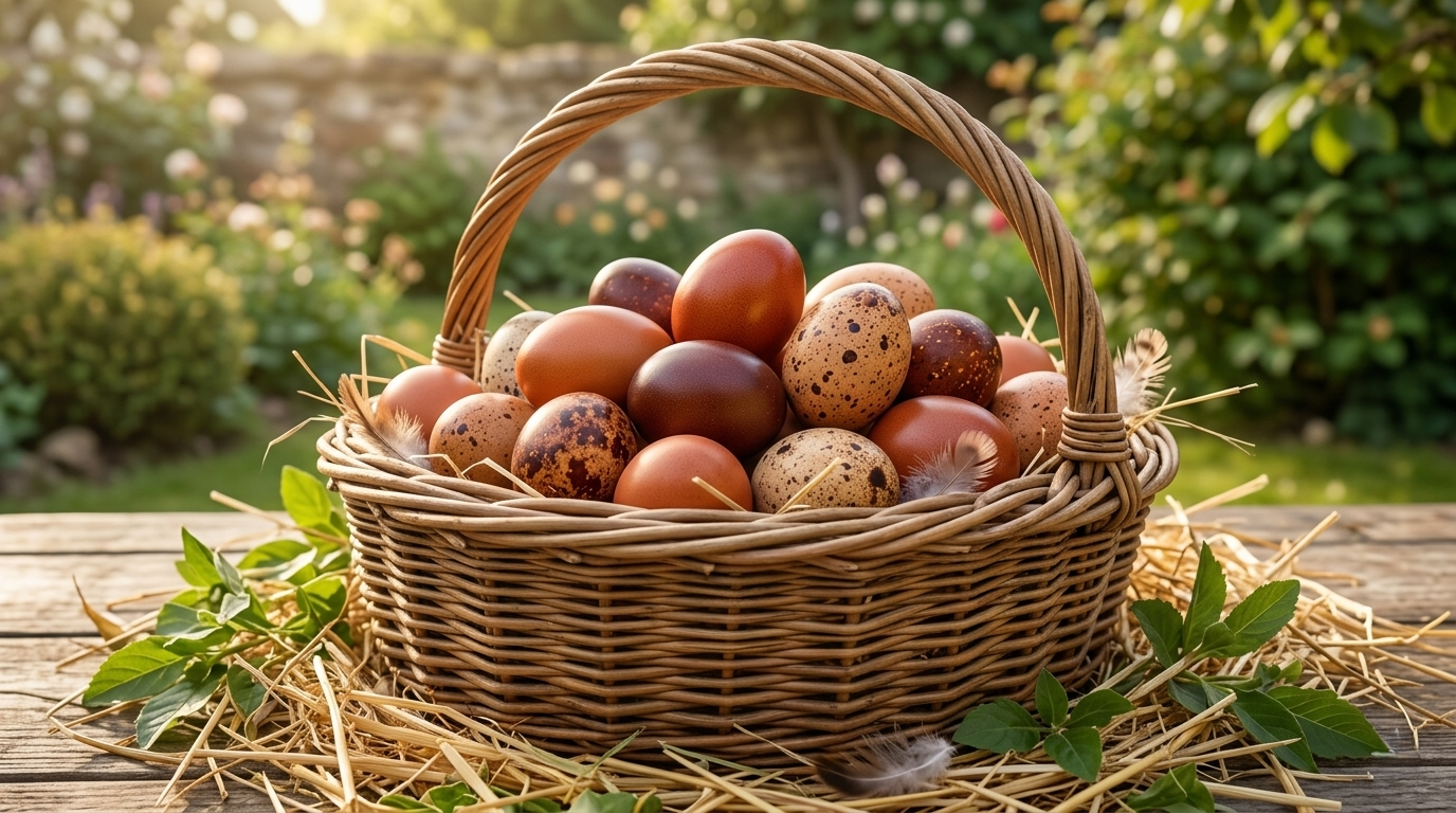 Fresh dark brown terracotta Welbar chicken eggs in a basket