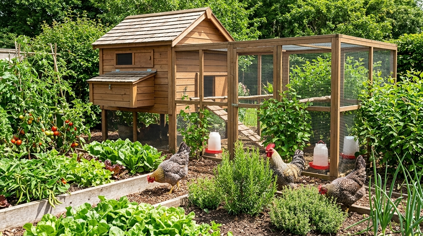 Ethical backyard chicken coop and run with Welbar chickens in a permaculture garden