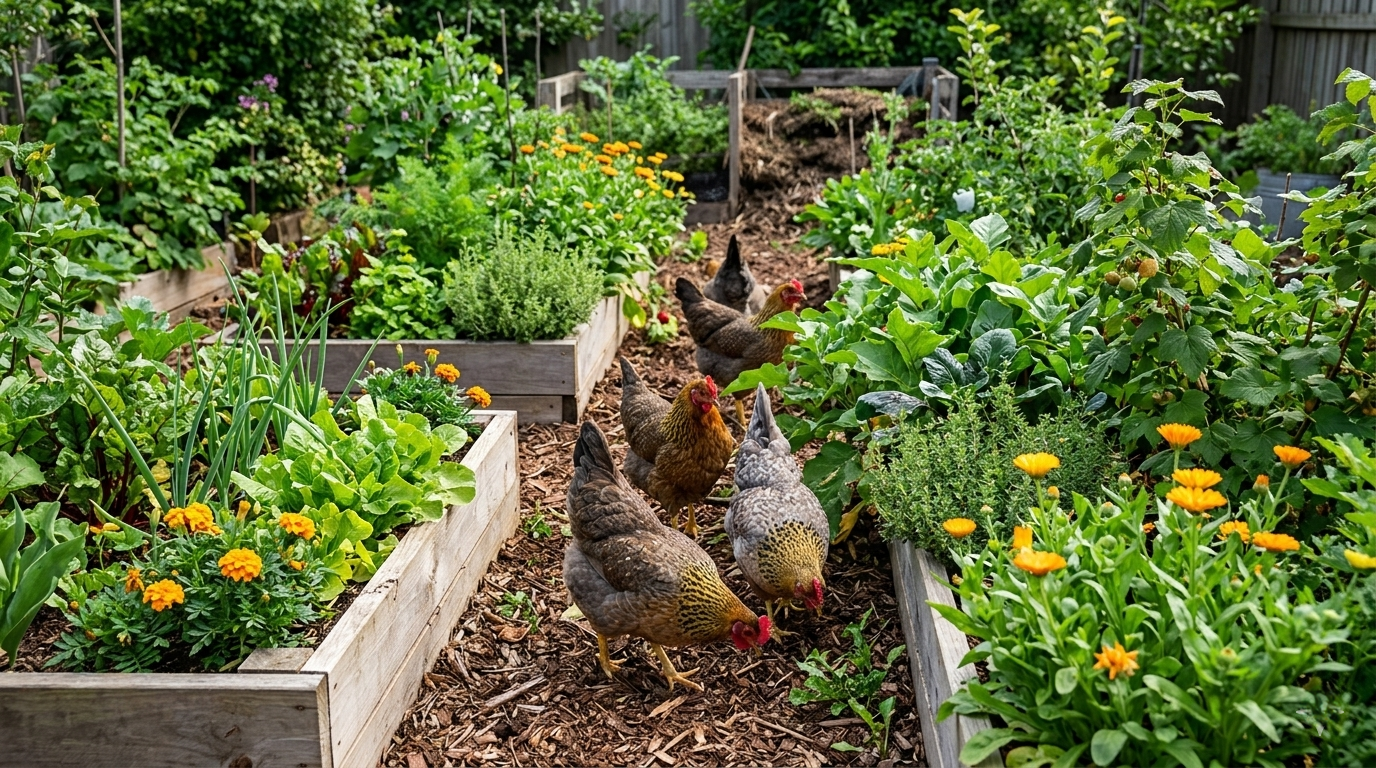 Welbar chickens foraging in a sustainable permaculture garden for ethical egg production