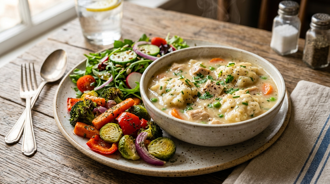 Balanced plate of chicken and dumplings with fresh plant-based vegetable sides showing texture contrast
