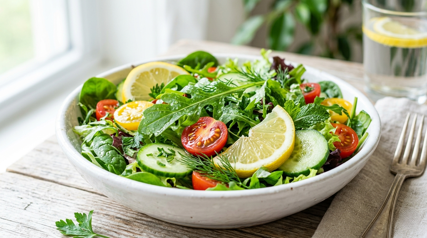 Fresh mixed greens salad with lemon and herbs as a light side for chicken and dumplings