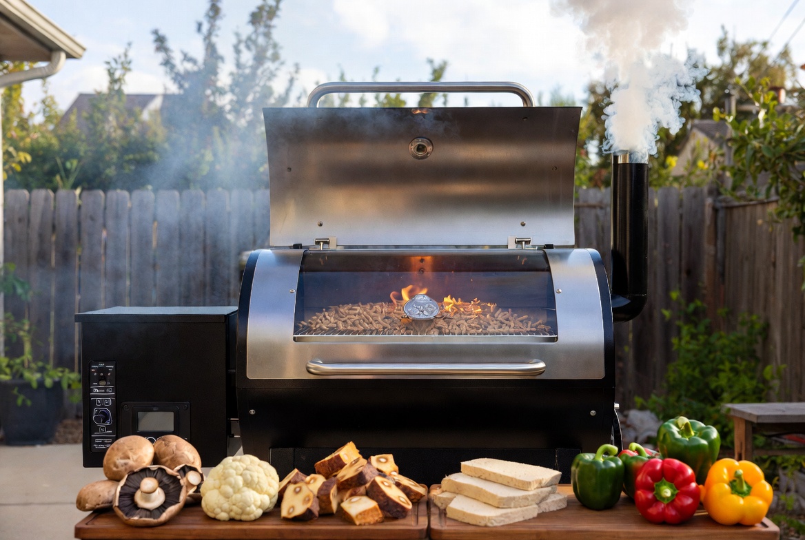 Pellet grill smoking with fresh plant-based ingredients for vegan recipes
