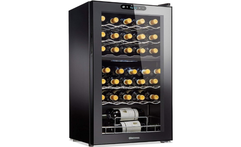  Wine Enthusiast 32-Bottle Dual Zone MAX Compressor Wine Cooler – Freestanding Mini Fridge with Digital Touchscreen, LED Display, Split Storage for Red &.