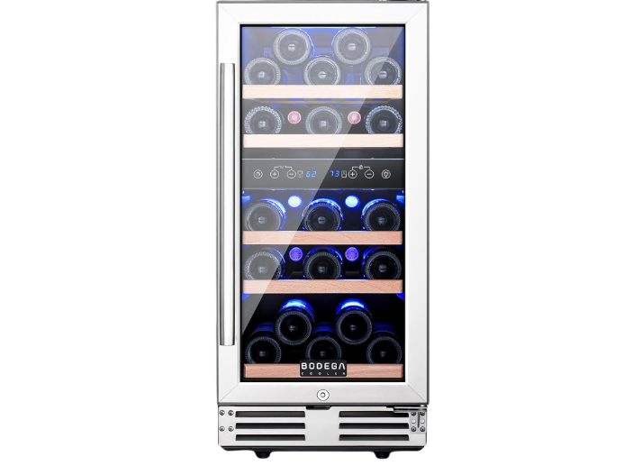  BODEGA 15 Inch Wine Cooler Under Counter, 30 Bottle Dual Zone Wine Fridge, with Double-Layer Glass Door, Temperature Memory and Digital Temperature Control