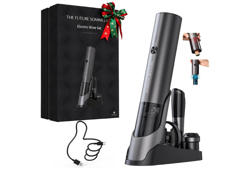 CIRCLE JOY Rechargeable Electric Wine Bottle Opener Set 7-in-1 Aluminum Alloy Wine Gift Set with 2-in-1 Electric Corkscrew & Vacuum Pump, Foil Cutter,