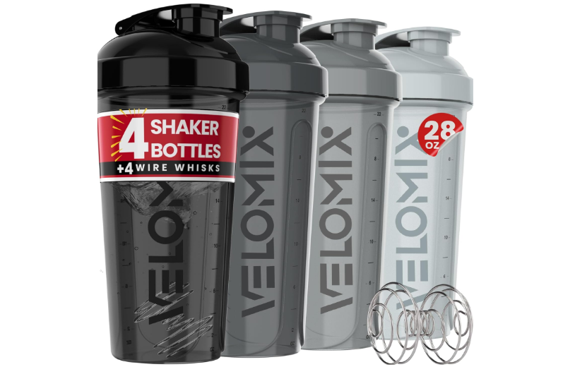  VELOMIX -4 Pack- 28 oz Protein Shaker Bottles for Protein Mixes - 4x Wire Whisk | Leak Proof Shaker Cups for Protein Shakes | Protein Shaker Bottle Pack.