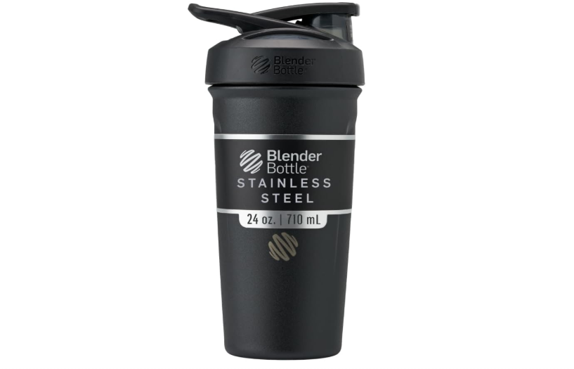  BlenderBottle Strada Shaker Cup Insulated Stainless Steel Water Bottle with Wire Whisk, 24-Ounce, Black