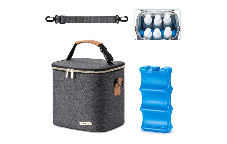  BABEYER Breastmilk Cooler Bag with Ice Pack Fits 6 Baby Bottles Up to 9 Ounce, Baby Bottle Bag with Shoulder Strap for Nursing Mom Daycare,Dark Grey