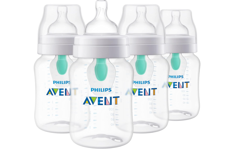  Philips Avent Anti-Colic Baby Bottle with AirFree Vent, 9oz, with Flow 2 Nipples, 1m+, 4pk, Clear, SCY703/04