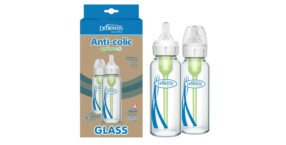 
Dr. Brown's Anti-Colic Options+ Narrow Glass Baby Bottle with Level 1 Slow Flow Nipple, BPA-Free, 8 oz/250 mL, 0m+, 2-Pack (Packaging May Vary)