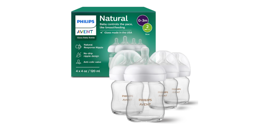 
Philips Avent Natural Glass Baby Bottles with Natural Response Nipples (Slow Flow, Flow 2), 4oz, 4-Pack, SCY910/04