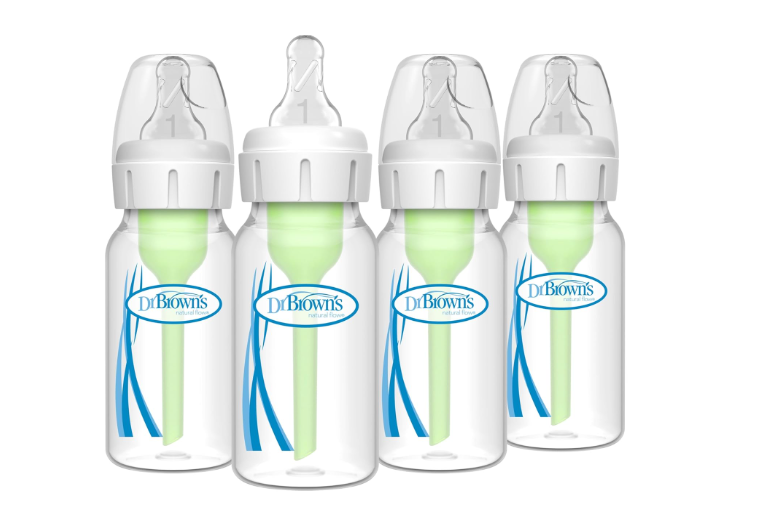 Dr. Brown's Natural Flow Anti-Colic Options+ Narrow Baby Bottle, 4 oz/120 mL, with Level 1 Slow Flow Nipple, 0m+, 4 Pack 