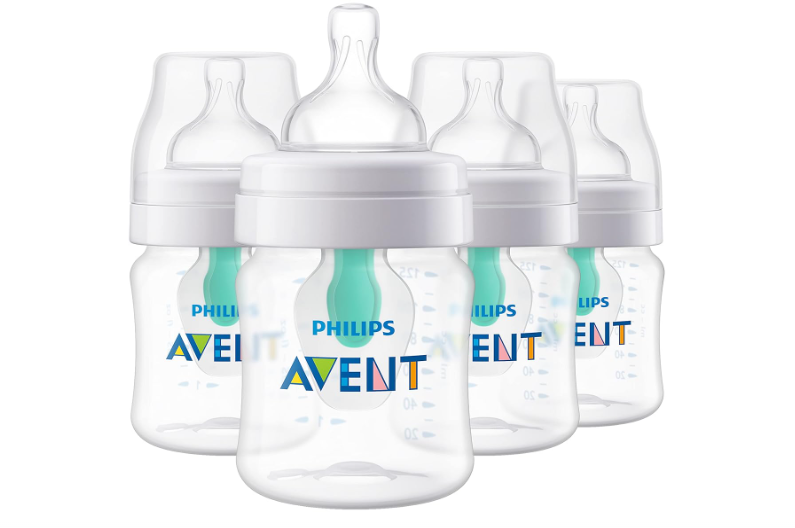 Philips Avent Anti-Colic Bottle with AirFree Vent, 4oz, with Flow 1 Nipples, 0m+, 4pk, Clear, SCY701/04 