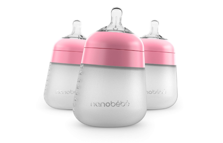 Nanobebe Flexy Silicone Baby Bottle, Anti-Colic, Natural Feel, Non-Collapsing Nipple, Non-Tip Stable Base, Easy to Clean, 3-Pack, Pink, 9oz
