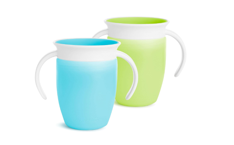 Munchkin Sippy Cup for 6 Month Old and Up, Spill Proof Miracle 360 Toddler Cups with Transition Handles, 7 Ounce, 2 Pack, Blue/Green