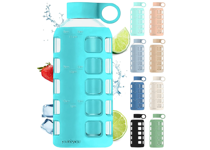 purifyou 40oz / 32oz / 22oz / 12oz Borosilicate Glass Water Bottle with Time & Volume Markers, Silicone Sleeve, Stainless Steel Lid | Reusable Glass... 