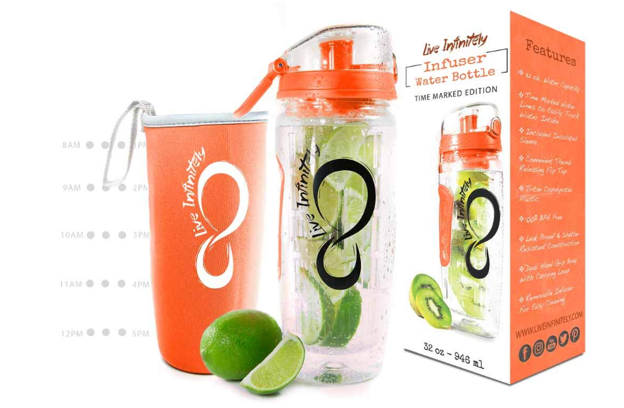 Live Infinitely 32 oz. Fruit Infuser Water Bottles with Time Marker, Insulation Sleeve & Recipe eBook - Fun & Healthy Way to Stay Hydrated (Orange,... 
