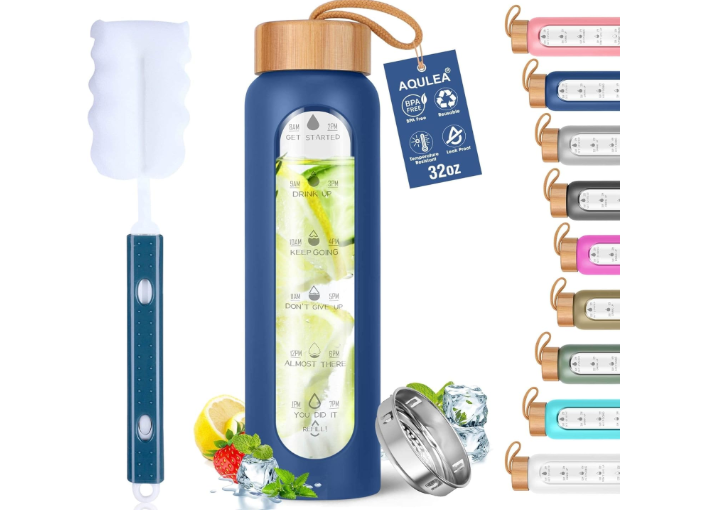 Aqulea Glass Water Bottles 32 Oz with Silicone Sleeve - BPA Free Reusable Wide Mouth Glass Motivational Water Bottles with Fruit Infuser – Leak Proof... 