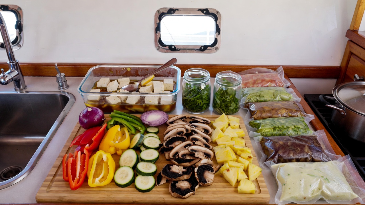 Fresh vegetable and tofu meal prep on boat galley counter for plant-based boat grilling recipes