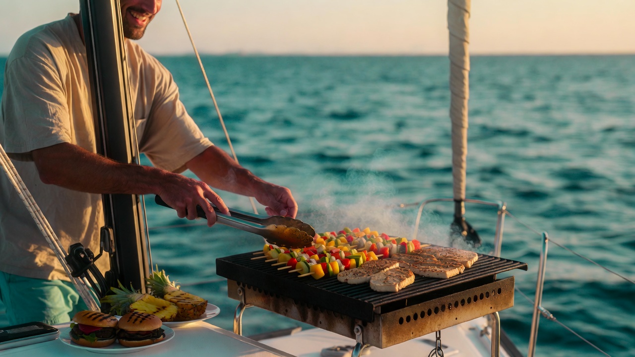 Person grilling plant-based vegan food on boat deck with vegetable kebabs and tofu under golden sunset