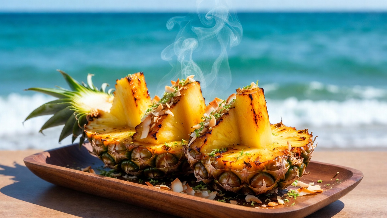 Caramelized grilled pineapple boats with coconut and lime on boat tray for vegan dessert