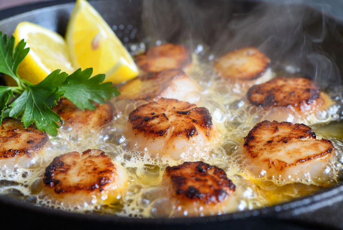 Seared vegan scallops made from king oyster mushrooms with garlic butter sauce