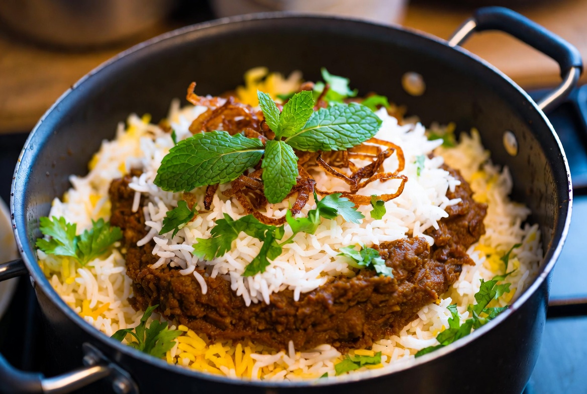 Layering rice and masala for dum cooking Vijayawada biryani