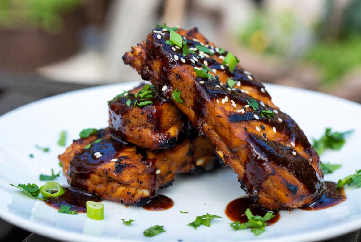 Maple-smoked plant-based tempeh ribs on pellet grill