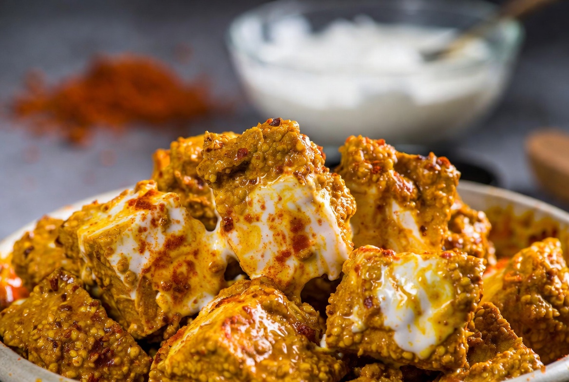 Marinated soy chunks prepared as plant-based chicken alternative for biryani